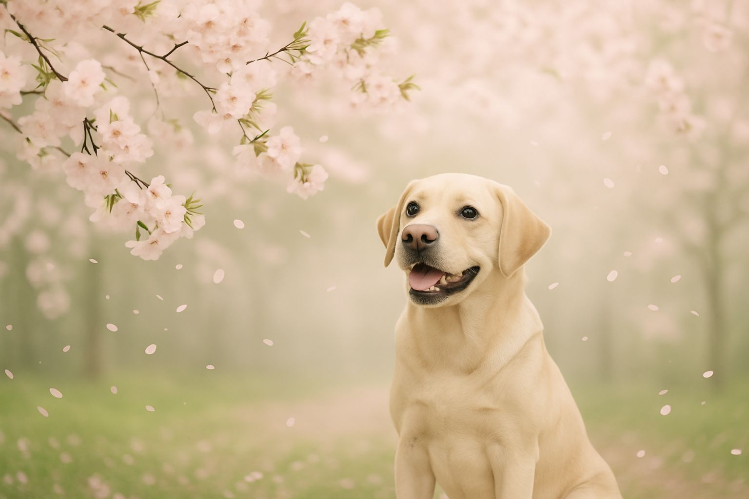 Pet enjoying spring cherry blossoms